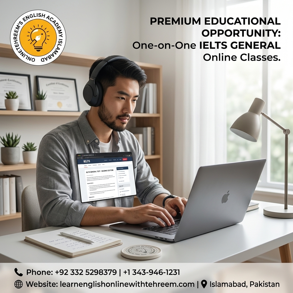 One-on-One IELTS General Online Classes: Personalized Preparation for Better English Skills Meta Description: Improve your IELTS General Training performance with One-on-One IELTS General Online Classes featuring personalized lessons, speaking practice, writing feedback, mock tests, and flexible online learning. Preparing for IELTS General Training can be challenging when you're studying alone. Every learner has different strengths and weaknesses: one student may need help with speaking fluency, while another may struggle with writing, vocabulary, reading speed, or listening accuracy. One-on-One IELTS General Online Classes offer a personalized learning environment where lessons can focus directly on your individual needs. For learners looking for flexible and focused IELTS preparation, one-to-one online instruction can provide a practical alternative to large group classes. At Tahreem's English Academy Islamabad, learners can receive structured guidance and targeted practice to develop the skills required for IELTS General Training. What Are One-on-One IELTS General Online Classes? One-on-one IELTS General online classes are private lessons between a learner and an instructor conducted through an online platform. Unlike group classes, the lesson is centered entirely around one student's level, goals, questions, and areas for improvement. A personalized program may include: IELTS General Training test format Listening practice Reading strategies Writing Task 1 and Task 2 Speaking practice Grammar improvement Vocabulary development Pronunciation Mock tests Individual feedback Time-management techniques This focused approach allows the instructor to adjust lessons as the learner progresses. Why Choose One-on-One IELTS General Online Classes? Personalized Learning One of the biggest advantages of private IELTS coaching is personalization. Instead of following exactly the same lesson plan as a group of students, you can spend more time on the skills you need most. For example, if your speaking is strong but your writing needs improvement, more lesson time can be devoted to writing structure, grammar, coherence, and task response. Flexible Online Learning Online classes allow students to prepare from home or another convenient location. This can be particularly helpful for: Working professionals University students Parents Students with busy schedules Learners living outside Islamabad Candidates who prefer private instruction More Speaking Time In a group class, speaking time is shared among several students. In a one-on-one lesson, you can spend much more time speaking directly with your instructor. This provides opportunities to practise: Part 1 questions Cue-card responses Part 3 discussions Fluency Pronunciation Vocabulary Grammar Regular conversation practice can help learners become more comfortable expressing ideas spontaneously. IELTS General Training Skills Covered A complete course should address all four IELTS skills. IELTS General Listening Listening preparation helps candidates understand conversations and spoken information in different contexts. Students can practise: Identifying key information Following conversations Recognizing specific details Understanding different accents Managing questions while listening Improving concentration Timed listening exercises can also help learners become comfortable with examination conditions. IELTS General Reading IELTS General Training Reading includes texts that differ from those used in Academic Reading. Preparation should therefore be tailored to the General Training format. Students can develop: Skimming skills Scanning techniques Reading comprehension Vocabulary in context Keyword recognition Time management Question-type strategies Individual instruction makes it easier to identify exactly where a learner loses marks. IELTS General Writing Writing is an area where personalized feedback can be especially valuable. IELTS General Training Writing includes: Task 1: Letter writing Task 2: Essay writing Students can work on: Task response Organization Paragraph structure Grammar Vocabulary Coherence and cohesion Formal, semi-formal, and informal language An instructor can review writing samples and identify recurring issues that need attention. IELTS Speaking Private classes are particularly useful for speaking preparation because the learner can participate in repeated mock interviews. Practice can cover all three parts: Part 1: Familiar questions about everyday topics Part 2: Individual long turn based on a cue card Part 3: More detailed discussion and follow-up questions Rather than memorizing complete answers, students can learn how to organize ideas and respond naturally. How Personalized IELTS Feedback Helps Feedback is one of the key benefits of one-on-one preparation. An instructor can identify problems such as: Repeated grammar mistakes Limited vocabulary Weak sentence structure Hesitation Unclear pronunciation Poor paragraph organization Incomplete answers Ineffective time management Once these patterns are identified, lessons can be adjusted to address them. This makes the preparation process more targeted than simply completing large numbers of practice questions. One-on-One IELTS General Online Classes for Different Learners Beginners Learners with a lower English level may need to strengthen basic grammar, vocabulary, pronunciation, and sentence formation before moving into intensive IELTS practice. Intermediate Learners Intermediate students can combine general English development with IELTS-specific strategies and timed exercises. Experienced Candidates Candidates who have taken IELTS before may already understand the test format. For them, private coaching can focus on specific weaknesses and targeted improvement. How to Prepare Effectively Between Classes Private lessons are most effective when supported by independent practice. Practise Speaking Daily Speak about familiar topics for several minutes each day. Recording your responses can help you identify hesitation and repeated mistakes. Read Regularly Read English articles, notices, advertisements, workplace texts, and other suitable materials to develop reading speed and vocabulary. Write Frequently Practise letters and essays under timed conditions and review instructor feedback carefully. Listen to English Regular listening can improve comprehension and expose you to different speaking styles and accents. Maintain a Vocabulary Notebook Record useful words, phrases, collocations, and examples rather than memorizing isolated vocabulary. How to Choose the Right One-on-One IELTS Course Before enrolling, consider whether the program provides: Experienced IELTS instructors Private, personalized lessons IELTS General Training-focused preparation Speaking mock interviews Detailed writing feedback Listening and reading practice Regular progress assessments Flexible scheduling Practice under timed conditions Lessons adapted to your current ability A good private course should be built around your goals rather than using a one-size-fits-all approach. Why Choose Tahreem's English Academy Islamabad? Tahreem's English Academy Islamabad provides structured English and IELTS preparation with an emphasis on practical communication and personalized learning. Through one-on-one preparation, learners can focus on: IELTS General Training Speaking fluency Writing development Reading strategies Listening practice Grammar Vocabulary Pronunciation Mock examinations Individual feedback The objective is to help learners understand their strengths and weaknesses and build a practical study routine around them. Frequently Asked Questions 1. What are One-on-One IELTS General Online Classes? They are private online IELTS General Training lessons where one student works directly with an instructor. The lessons can be adapted to the student's English level, target, schedule, and areas of weakness. 2. Are private IELTS classes better than group classes? It depends on the learner. One-on-one classes provide more individual attention and speaking time, while group classes offer interaction with several learners. Students who need targeted feedback may find private lessons particularly useful. 3. Do the classes cover IELTS General Writing? A comprehensive General Training program should cover both Writing Task 1 letter writing and Writing Task 2 essay writing, along with grammar, vocabulary, organization, and task response. 4. Can beginners take one-on-one IELTS General classes? Yes. Beginners can receive individualized English instruction and gradually progress toward IELTS-focused preparation as their language foundation develops. 5. How can I improve my IELTS General Speaking score? Practise speaking regularly, develop relevant vocabulary, work on pronunciation and grammar, answer questions naturally, and use mock interviews and instructor feedback to identify areas for improvement. Conclusion One-on-One IELTS General Online Classes provide a focused and flexible way to prepare for IELTS General Training. Personalized lessons allow learners to spend more time on their specific challenges while receiving direct instructor feedback on speaking, writing, reading, and listening. At Tahreem's English Academy Islamabad, one-on-one IELTS preparation can help learners build a structured study routine, practise essential examination skills, and strengthen their overall English communication. With consistent practice, targeted feedback, and a clear understanding of the IELTS General Training format, learners can approach their preparation in a more organized and confident way.
